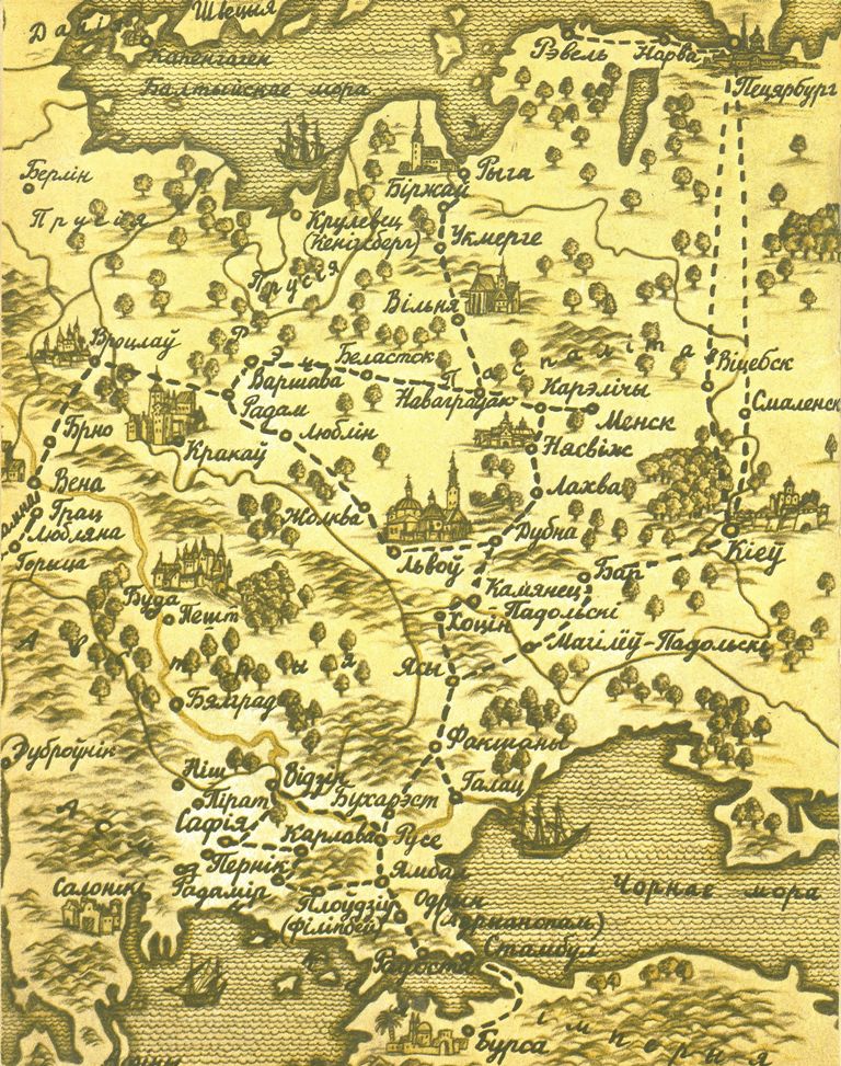 Travel map of Salome Rusiecki from the book "Avantury Maygo zhytstsya" by S. Pilshtynova. Minsk, 1993