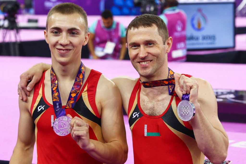 Vladislav Goncharov and Nikolai Kazak won a silver at the 2015 European Games in synchronized trampolining (2015, BelTA). Source: http://www.stranicysporta.belta.by